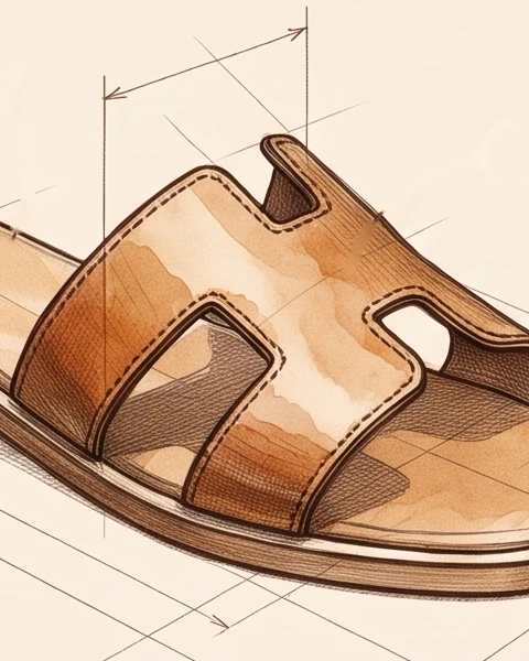 Sketch detail of an H-strap slide sandal