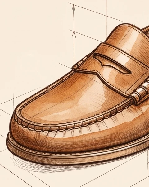Sketch detail of a penny loafer: strap and hand-stitched toe