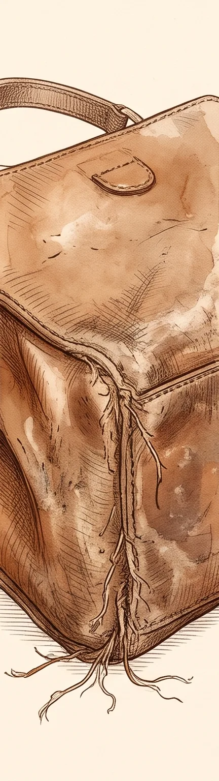 Sketch: worn tan bag corner with frayed, loose stitching