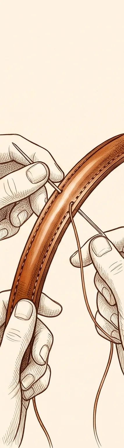Sketch: hands saddle-stitching the handle with two needles