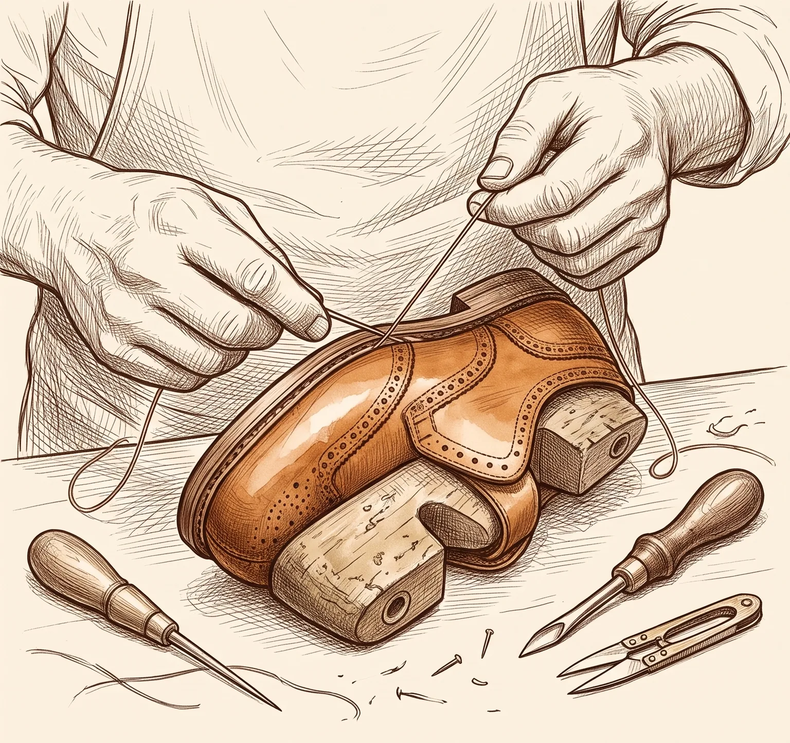 Sketch: two hands stitching the welt of a tan brogue on a wooden last