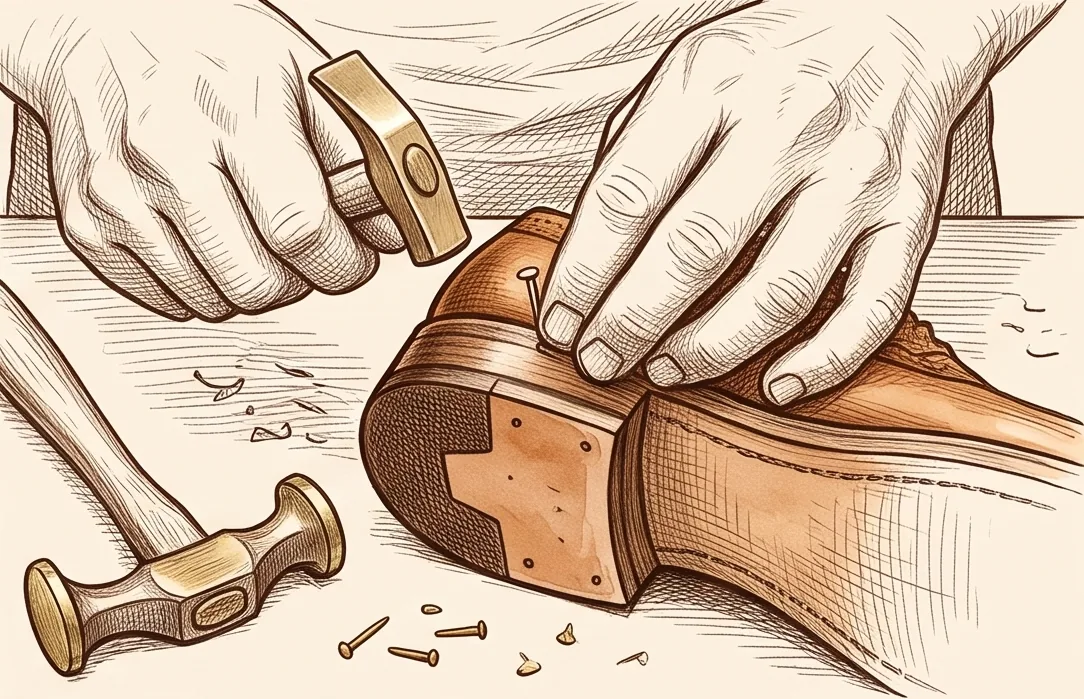 Sketch: fitting a new stacked leather heel with a hammer and brass nails