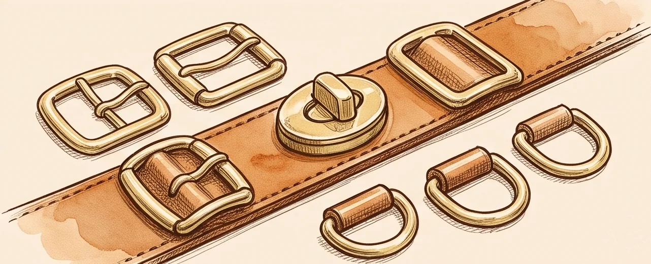 Sketch: polished brass buckles, a turn-lock and D-rings on a tan strap