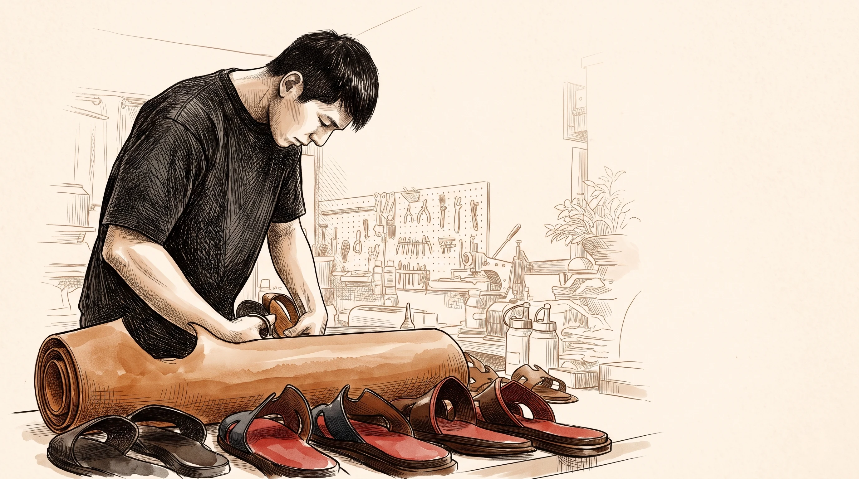 Ink and watercolour drawing of Thang cutting a roll of tan leather at his bench, H-strap sandals lined up in front and the workshop sketched faintly behind