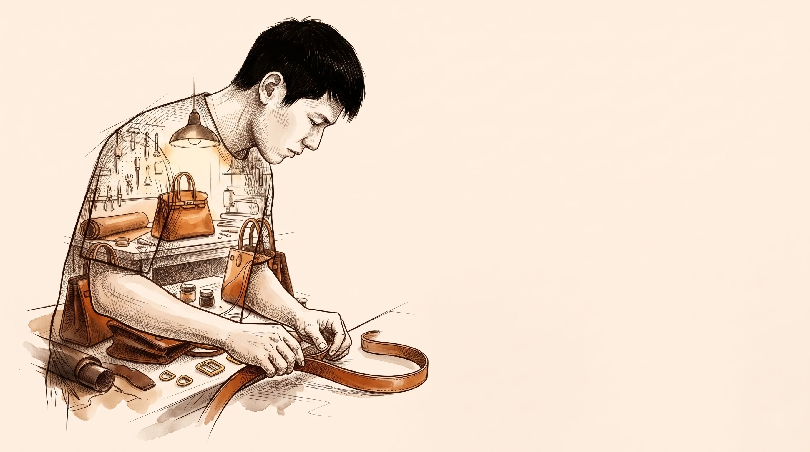 Double-exposure sketch: Thang stitching a tan strap, his silhouette filled with a workshop of handbags under a hanging lamp