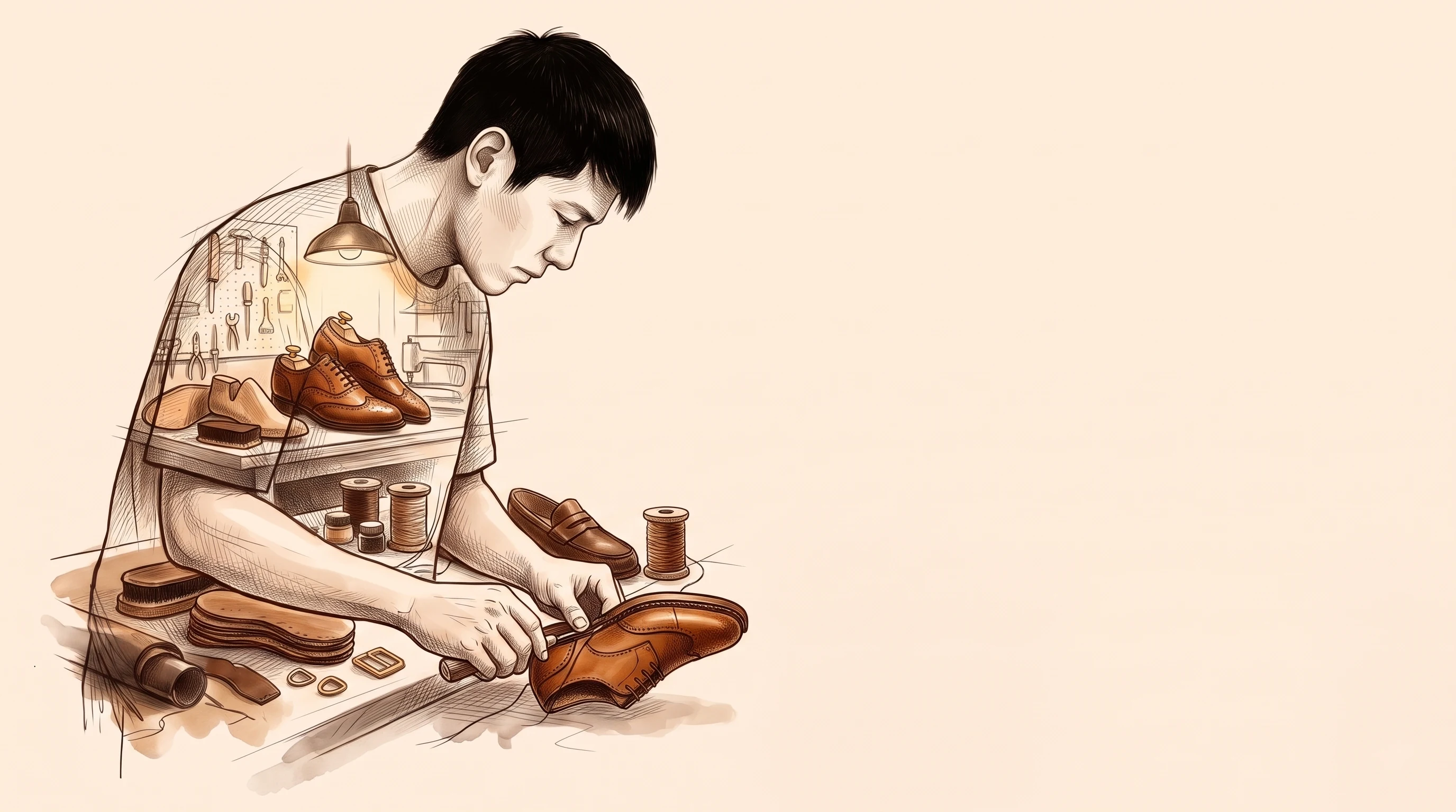 Double-exposure sketch: Thang working on a brogue, his silhouette filled with shoes on lasts, thread spools and a penny loafer