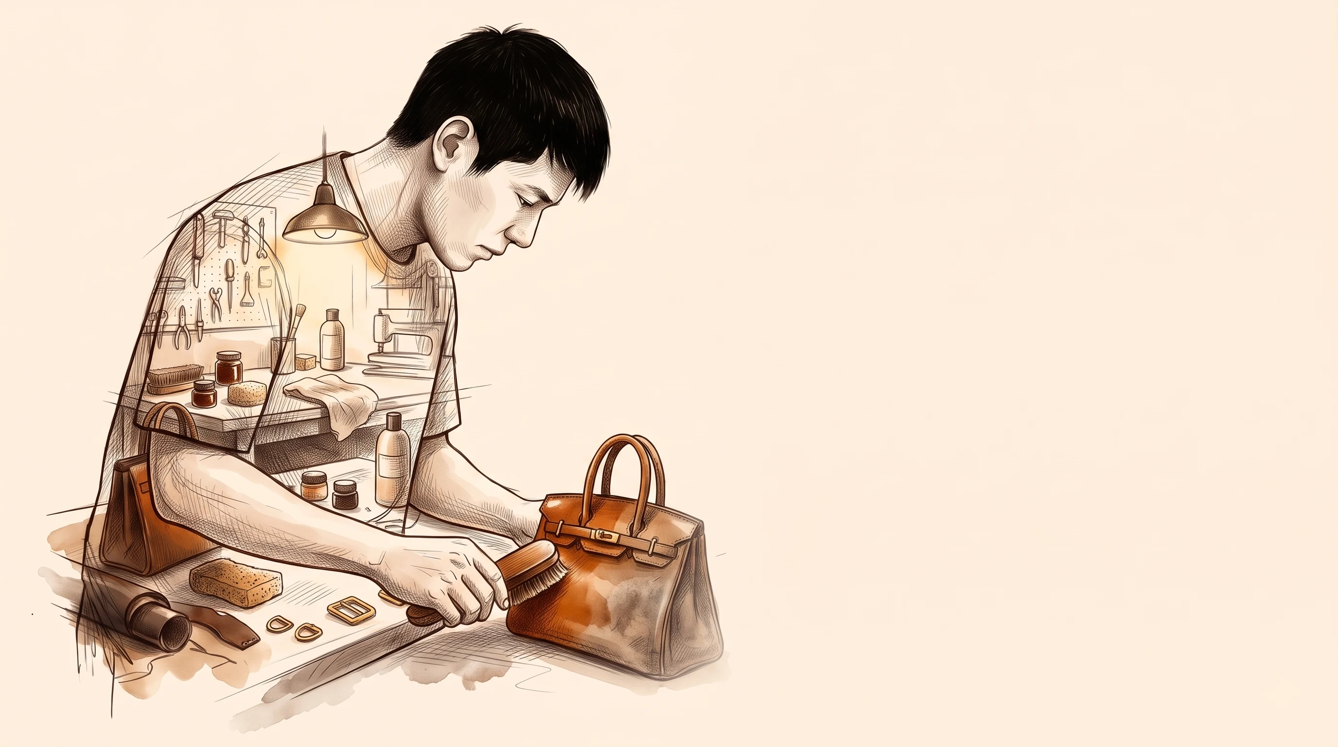 Double-exposure sketch: Thang brushing a tan top-handle bag, his silhouette filled with conditioners, dye pots and cloths
