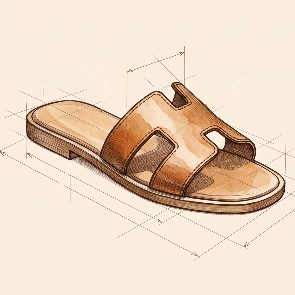 Watercolour technical sketch of an H-strap slide sandal with dimension lines