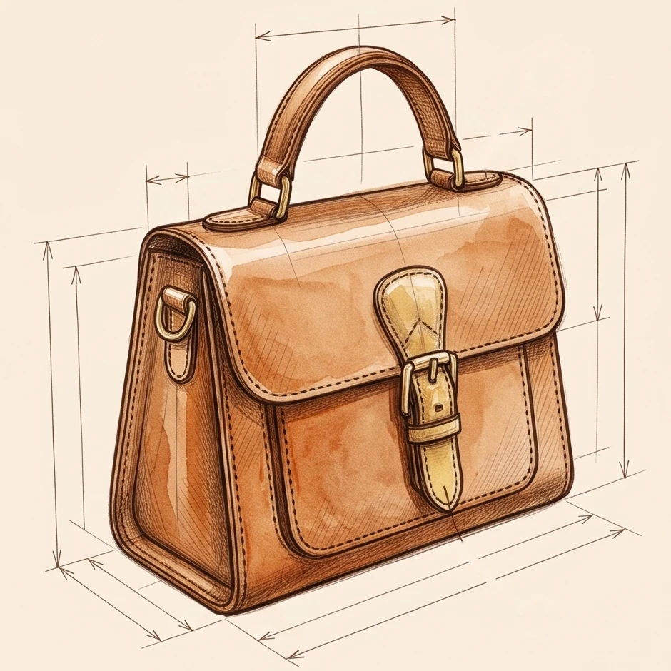 Watercolour technical sketch of a top-handle satchel with buckle flap and dimension lines
