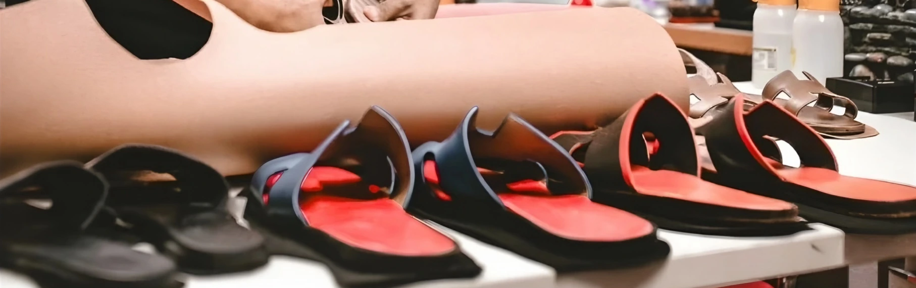 Photo: a row of finished H-strap slides on the workbench, black, navy with red footbeds, and brown