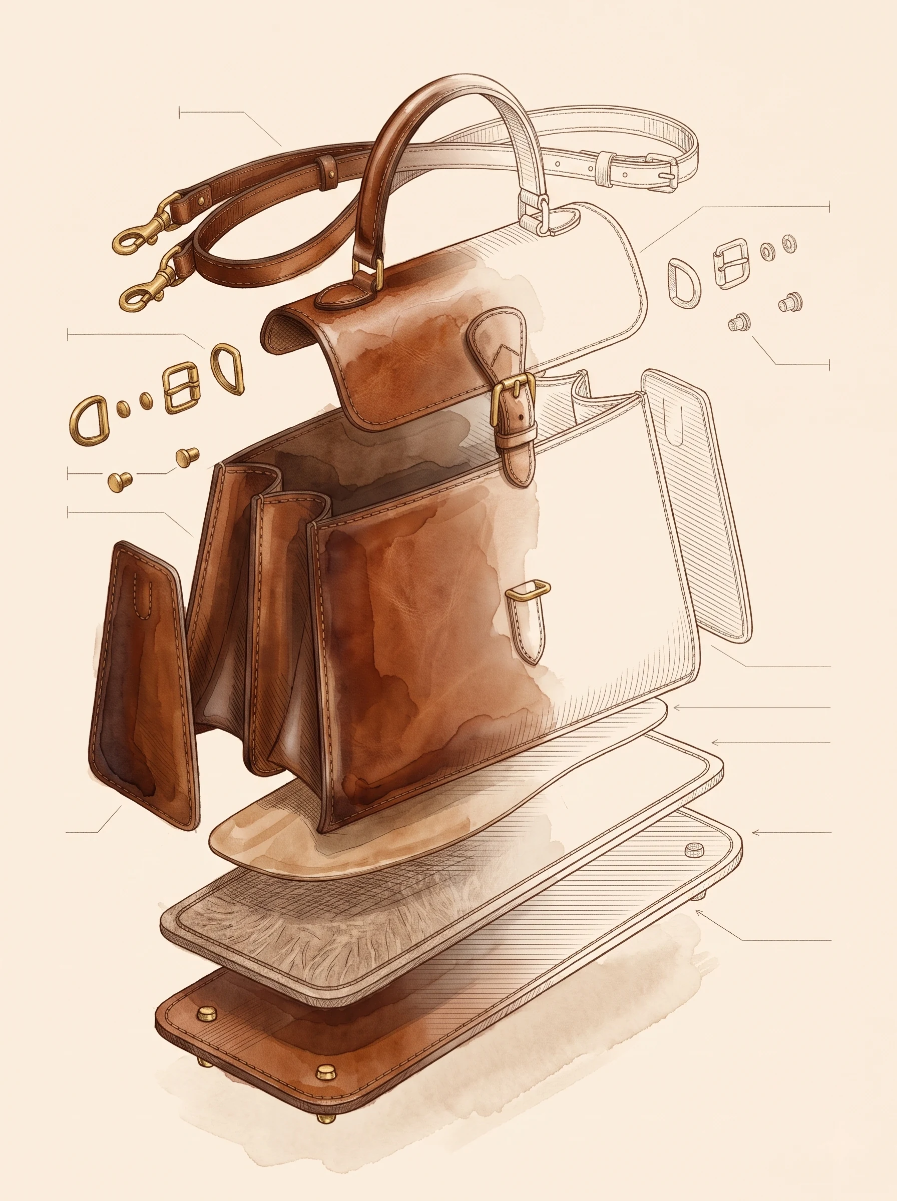 Sketchbook exploded drawing of a top-handle satchel: handle and strap, flap, body panels, gussets, back panel, lining, layered base and brass hardware floating apart
